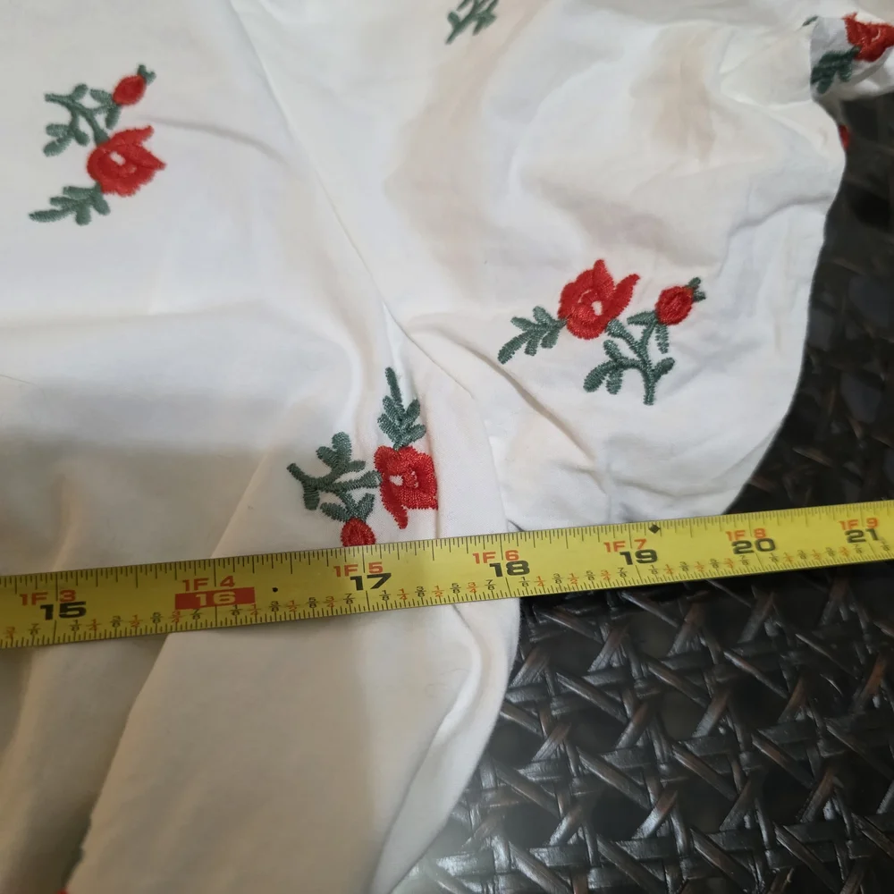 Anthropologie Maeve Embroidered White Floral Wrap Blouse with Red Rose